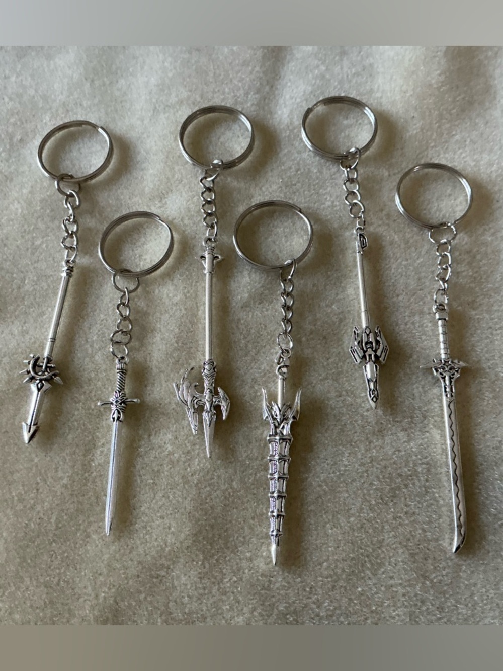 Set of 6 Silver Sword & Spear Keychain Charms